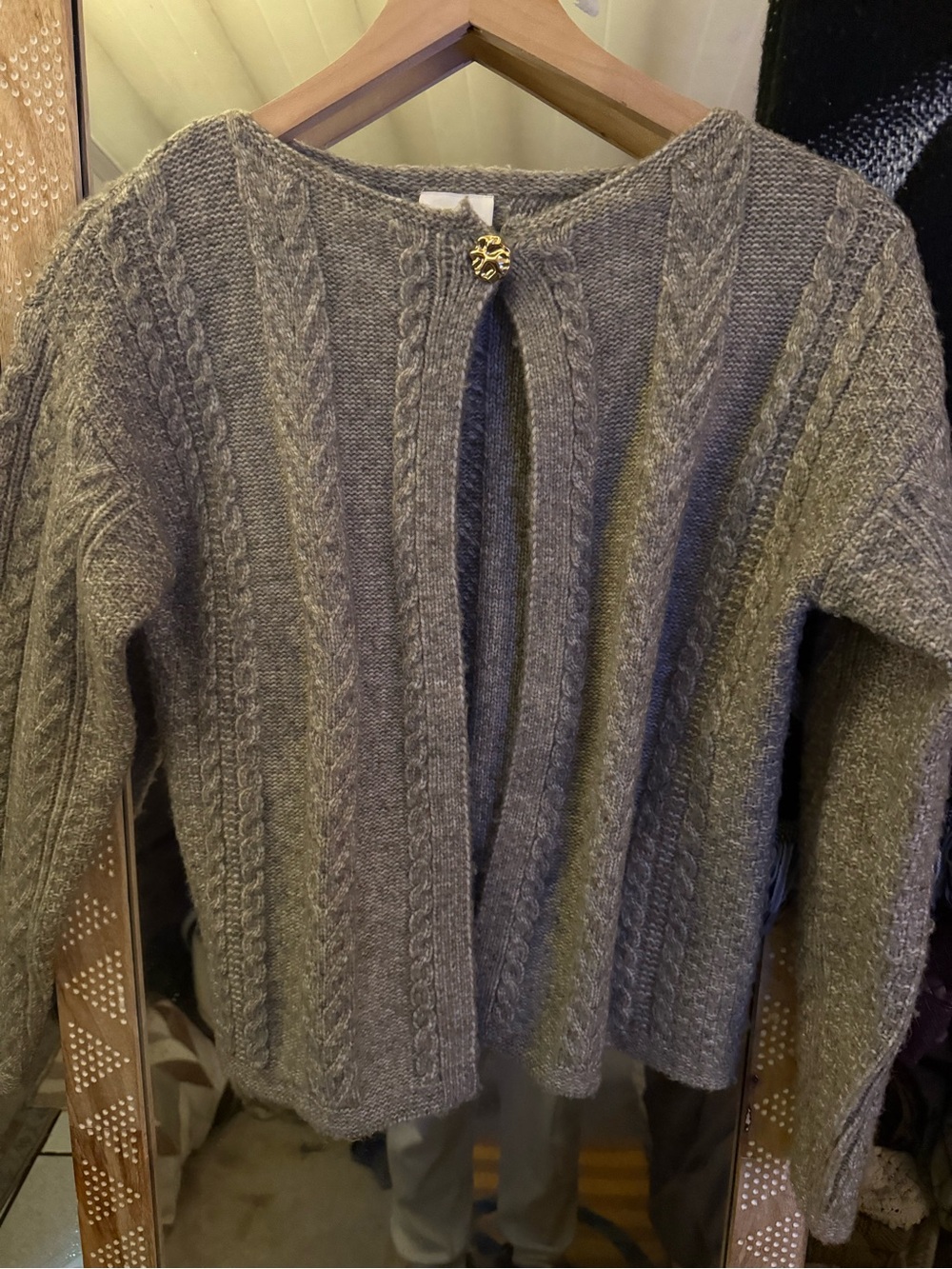 Cyrus Olive-Gray Cable Knit Cardigan with Decorative Button
